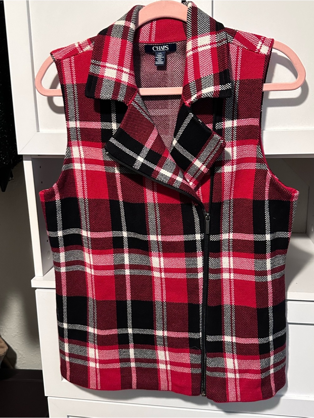 CHAPS Red & Black Plaid Moto Zip Vest Women’s Size Large 100% Cotton
